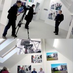 Television interview for exhibition with Gintaras Cesonis, Chief of Lithuanian Photographers Association Kaunas Department. Gintaras Cesonis, Curator Arvydas Zalpys and Steve Yates at opening in new skylight gallery at Meno Parkas Galerija, photograph by Romualdas Požerskis